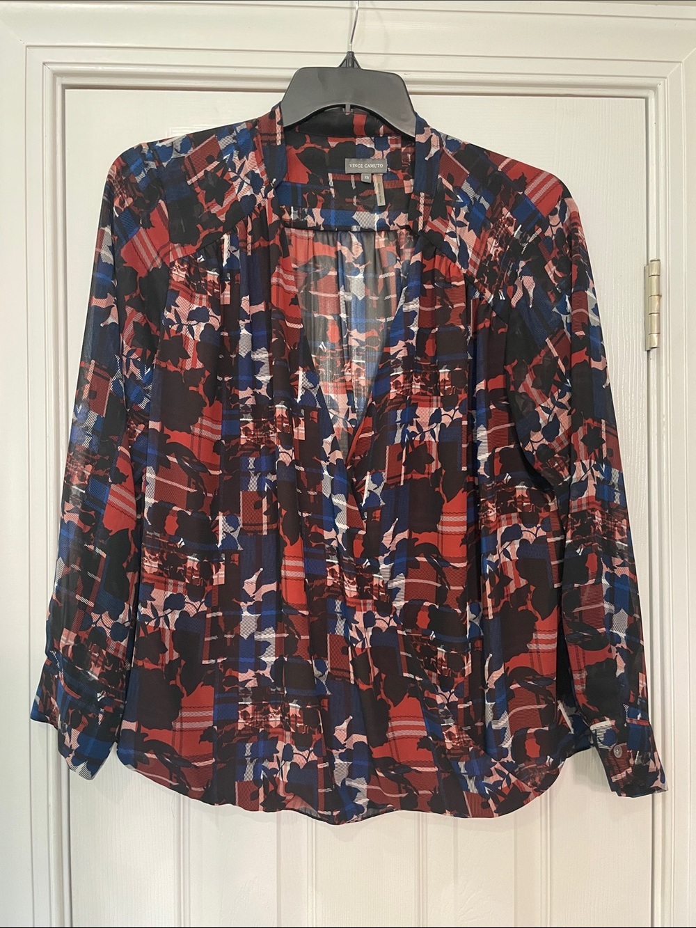 Vince Camuto Abstract Print V-Neck Long Sleeve Blouse - Red/Blue/Black